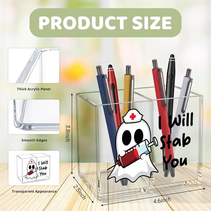I Will Stab You Acrylic Cosmetic Pencil Pen Holder Funny Nurse Pen Holder Cup Cute Ghost Gifts for Nursing Graduation Women Girl Decor for Medical Office Desk Accessories