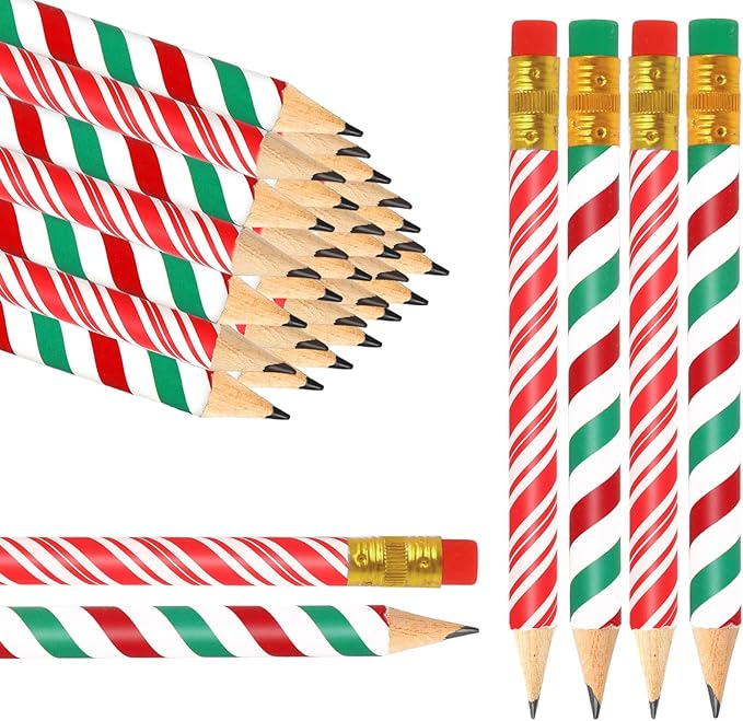 JarThenaAMCS 50Pcs Christmas Short Pencil with Eraser 4 in Red Green Stripe Writing Pencil Wood Xmas Winter Half Pencils for Classroom Office Stationery Gift