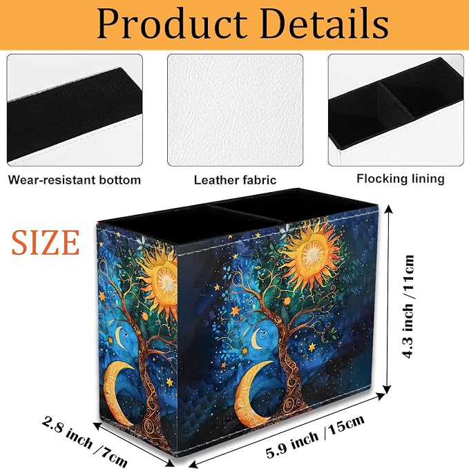 Pen Holder for Desk, PU Leather Multifunctional Desktop Storage Box and Anti-Slip Mouse Pad Set, Makeup Brush Holder Pen Organizer for Office and Home - Sun Moon Stars