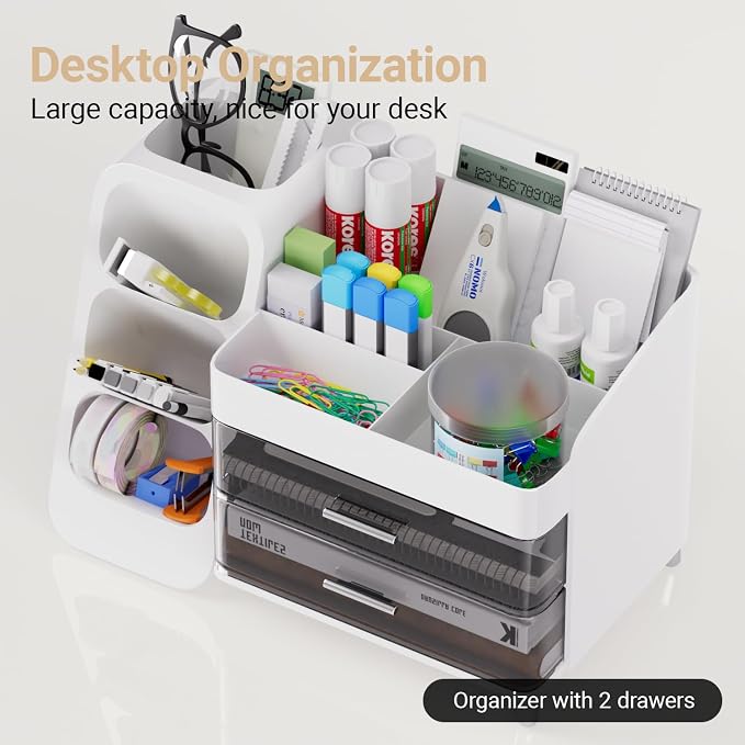 White Desk Organizer with Drawers, 2-Tier Desktop Organizer with Pen Holder, Office Supply Organizer for Desk Organization and Storage