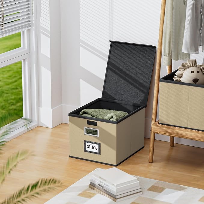 Faux Leather File Organizer Box with Lid, Collapsible Hanging File Folder Box Organizer with Plastic Slides, Decorative Home/Office Filing System Boxes for File and Folder Storage-Khaki