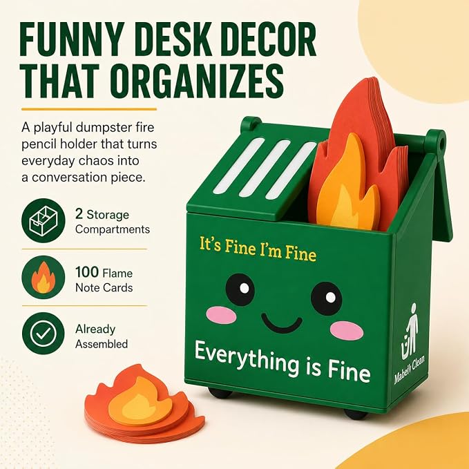 Desk Dumpster Fire Pen Holder – Everything’s Fine Funny Office Desk Decor, Mini Trash Can Pencil Holder Organizer with Flame Note Cards, Stress Relief White Elephant Gag Gift for Coworker