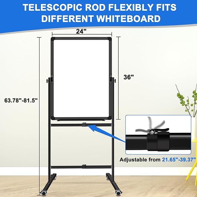 Max-officoo Double Sided Standing Corkboard and Magnetic White Board Dry Erase, 24"x36" Adjustable Height & Angle Mobile Whiteboard with Rolling Wheels