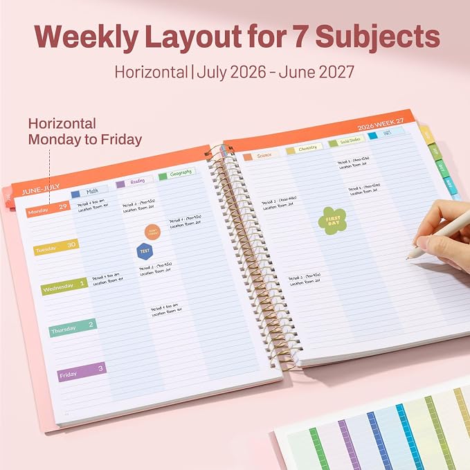 SUNEE Deluxe Teacher Planner 2026-2027, Lesson Planner Book with 7 Periods Jul 2026 - Jun 2027, 8.5" x 11" Daily Weekly and Monthly Organizers with Colorful Tabs, Planning Stickers,120gms Paper, Pink