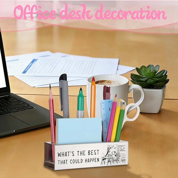 WINOESHE Stainless Steel Pencil Holder with What's The Best That Could Happen & Optimistic Dog Design, Positive Office Gift for Team Member, Uplifting Desk Organizer for Work Friend HUE25