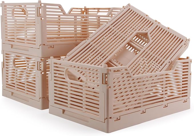 4-Pack Plastic Crates for Storage, Collapsible Storage Crates Stackable, Space-Saving Foldable Crate for Home Kitchen Classroom Office Bedroom Bathroom (15.75"x11.81"x6.1", Pink)