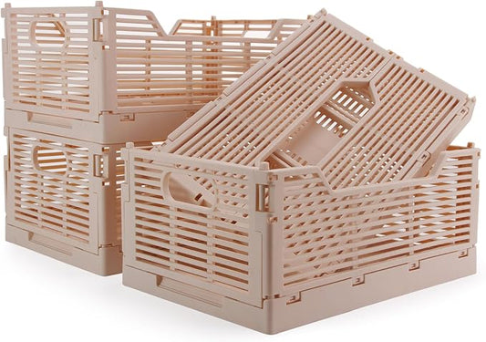4-Pack Plastic Crates for Storage, Collapsible Storage Crates Stackable, Space-Saving Foldable Crate for Home Kitchen Classroom Office Bedroom Bathroom (15.75"x11.81"x6.1", Pink)