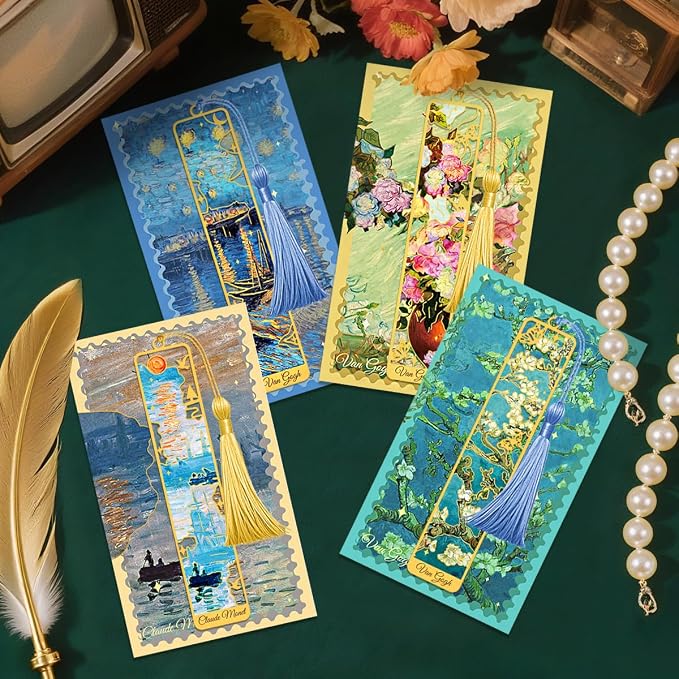 Kinsound Metal Bookmarks with Tassel, Golden Van Gogh Monet Oil Painting Theme Cute Hollow Book Markers for Reading Women, Teachers, Students, Reading Accessories Gifts for Book Lovers (Style B(4PCS))