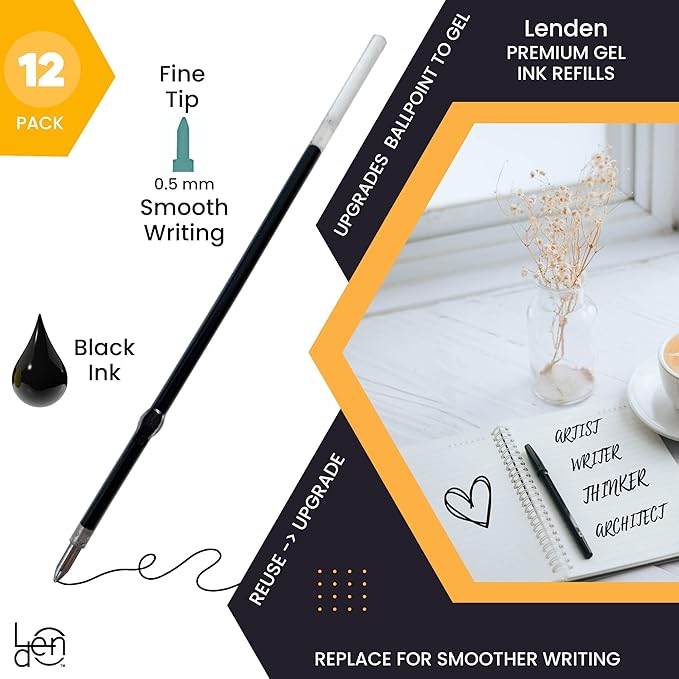 Pack of 12 Gel Ink Refill for Retractable Pens, Fine Tip Point 0.5mm, Black Ink, Fits Retractable Pen, Universal Size Refill, 115mm/11.5cm/4.5 inches (Black, 115mm, Fine Tip)