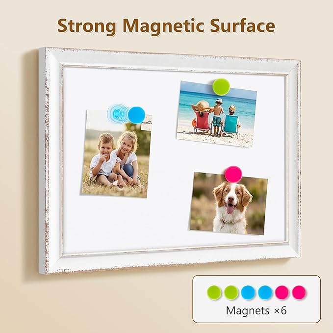 DOLLAR BOSS Magnetic Whiteboard, 16"x12" Dry Erase Board for Wall with White Distressed Frame, Hand-Finished Vintage Decorative White Board for Office, Home & Classroom with Markers, Magnets, Eraser
