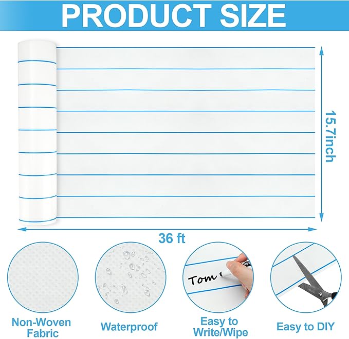 Lined Bulletin Board Roll 15.7in x 36ft Reusable Waterproof Non-Woven Fabric Background Fade Resistant Erasable Blue Lined Classroom Bulletin Board Decor for School Office Arts Crafts Home Wall Decor