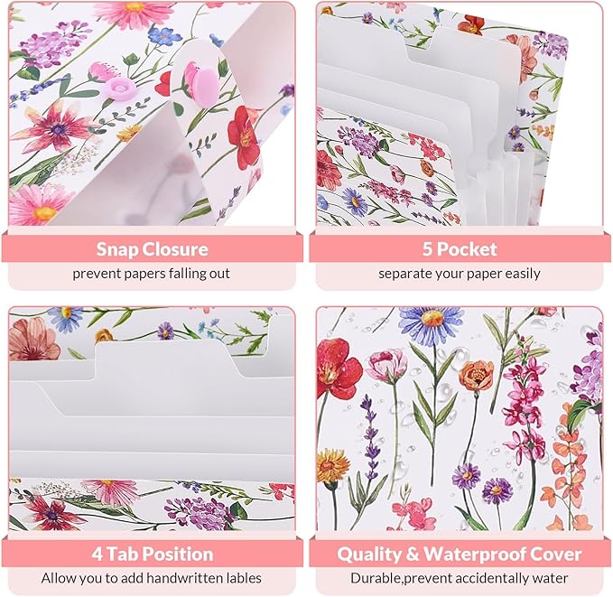 SKYDUE Accordion File Organizer, Floral Expanding File Folders with 5 Pockets, Cute Document Organizer for Paper Bills Receipt Storage, School Office & Hospital Supplies Letter/A4 Size White