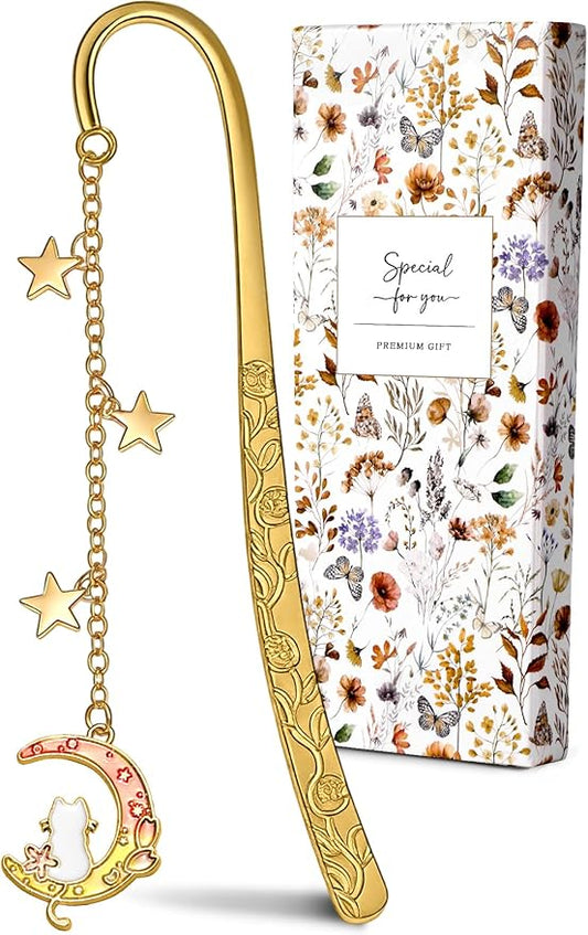 Buleens Bookmarks for Women Reading - Book Marks for Readers Book Lovers, Cute Gold Feather Cat Moon Star Personalized Metal Bookmark with Pendants, Pretty and Aesthetic Book Accessories Reading Gifts