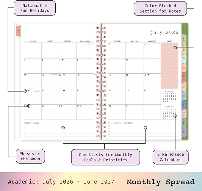 Blue Sky WAAV 2026-2027 Weekly and Monthly Academic Year Planner Calendar, July 2026 - June 2027, 5.875" x 8.625", Flexible Cover, Wirebound, Laminated Tabs, Storage Pocket, Includes 20 Extra Notes Pages, Michelle