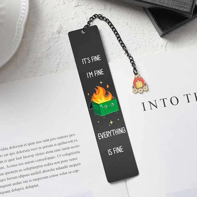 Funny Bookmark for Men - Dumpster Fire Desk Accessories Metal Book Marks Gifts for Reading Women Black Cute Inspirational Page Markers for Boys Girls Kids Students Teachers Birthday School
