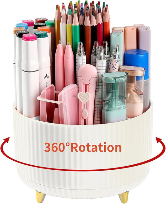 Desk Pencil Pen Holder, 5 Slots 360°Degree Rotating Pen Organizers for Desk, Desktop Storage Stationery Supplies Organizer, Cute Pencil Cup Pot for Office, School, Home, Art Supply, Beige