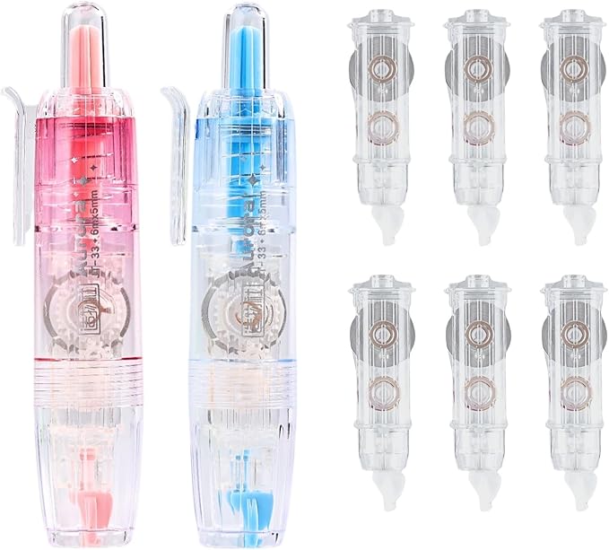 Refillable Correction Tape, 157 ft Total – 2 Pre-Filled Dispensers + 6 Snap-In Refills, School & Office Supplies, Pink & Blue