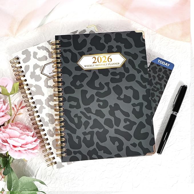 2026 Planner, Jan.2026 - Dec.2026 Planner Weekly and Monthly 6.25"x8.5" with Page Tabs, Calendar Hardcover with Inner Pocket, Elastic Band,Twin-Wire Binding,Bookmark, Black Leopard