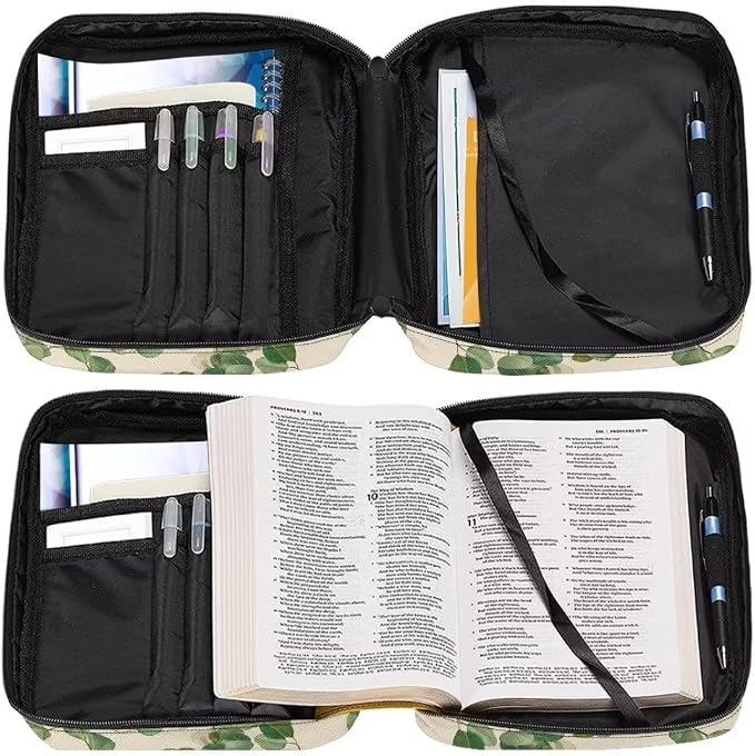 Coldinair Green Leaf Bible Covers for Women Men Kids Bible Case with Bookmark Large Carrying Book Case Church Bag Bible Protective with Pocket and Zipper