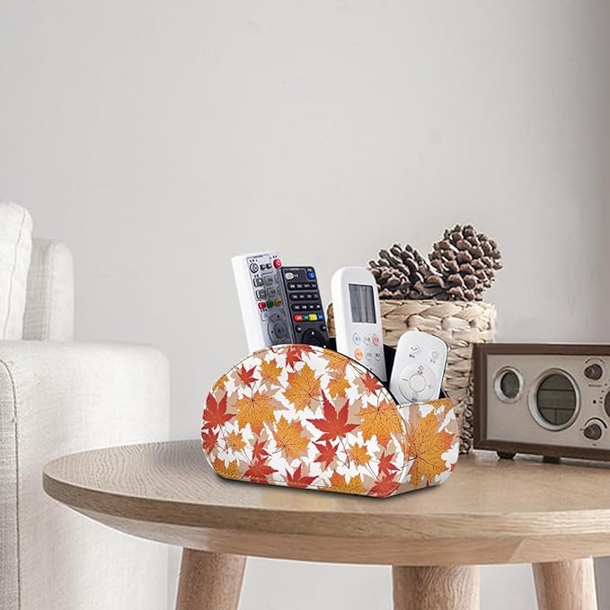 FUSURIRE Fall Maple Leaves Tv Remote Controllers Holders for Desk Bed Couch Sofa, PU Leather Desk Storage Box Cosmetic Cup Multi-functional Pencil Holder, Autumn Theme Home&Office Accessories