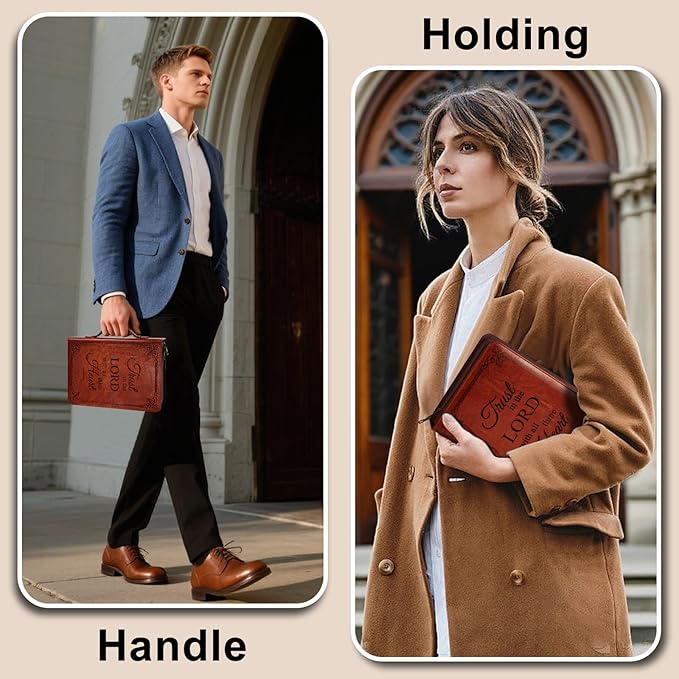 Large Bible Cover Case for Men Women, Mens Bible Covers Cases Leather Bible Cover Carrying Case for Women Men with Handle Zippered Bible Book Cover Holder Bag Case(Brown, L)