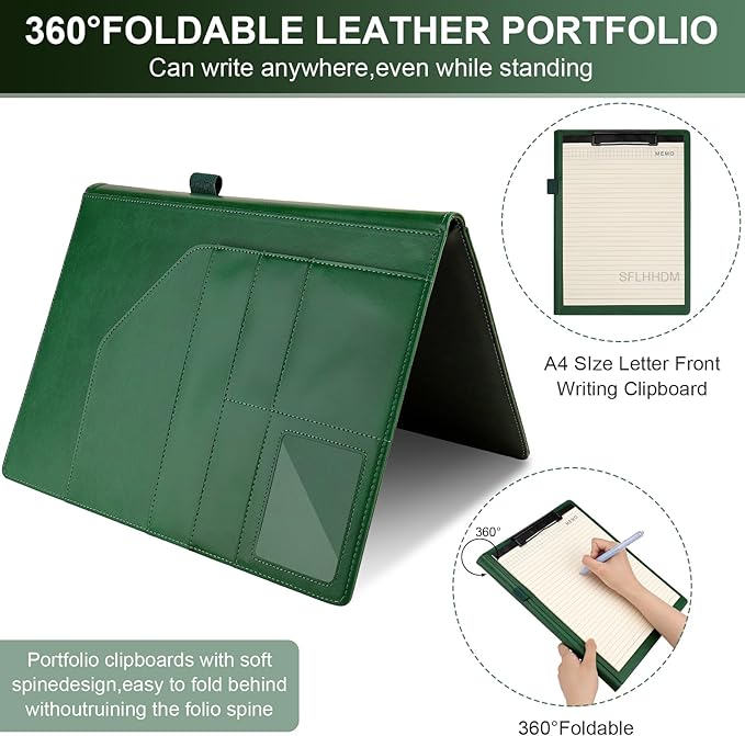 Clipboard Padfolio with Storage Pocket,Clipboard Folder Portfolio Organizer,360 Degree Foldable Clipboards,Faux Leather Padfolio Organizer (Olive Green, A4 Size Folder Without Elastic Band)
