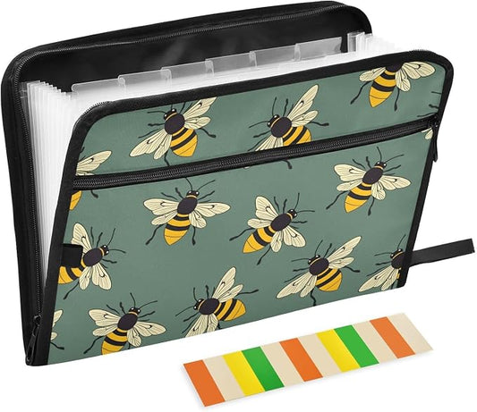ALAZA Cute Bee Expanding File Folder, 13 Pockets Expandable Document Organizer Folder with Zipper Closure for Home Office A4 Letter Size Paper Document