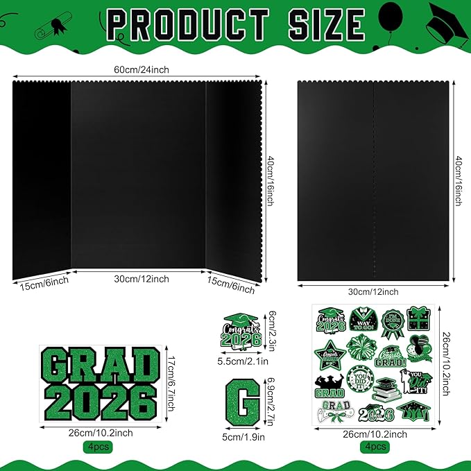 4 Set Graduation Photo Display Board, Class of 2026 Black Green Trifold Poster Board with Grad Pattern Stickers, Graduation Photo Props Collage for Multiple Pictures Party Decorations, 16x24 Inch