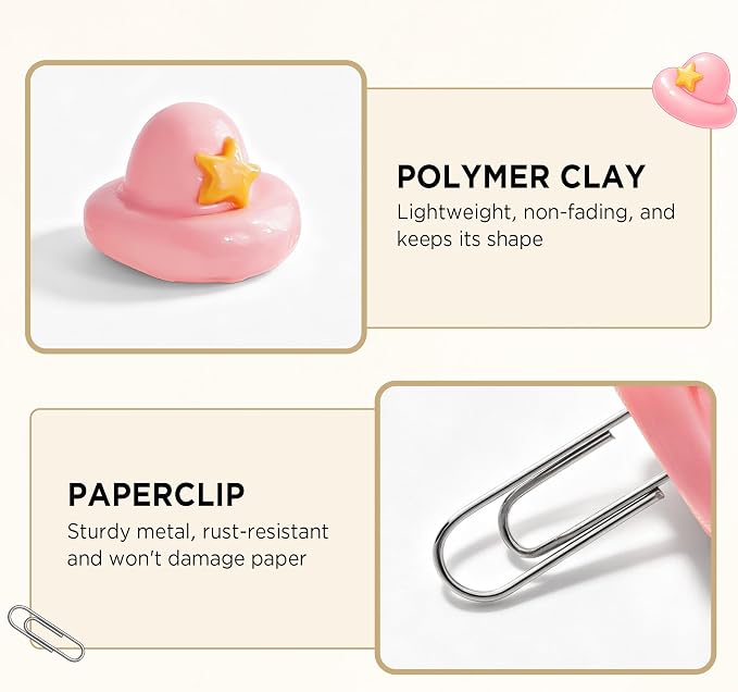 Handmade Bookmarks for Women, 3 Pcs Polymer Clay Cute Pink Hat Bookmark for Book Lovers Students Teachers, Unique Reading Accessories Page Markers