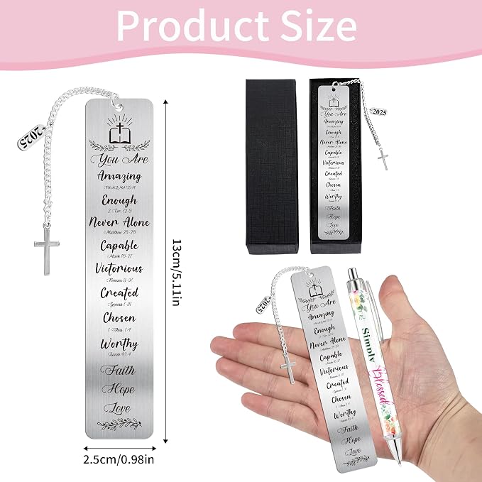 Christian Bookmark and Pen Gift Set, Inspirational Bible Verse Metal Book Mark with Cross Charm Ballpoint Pen, Book Markers for Women Men Students,Faith-Based Back to School Office Stationery