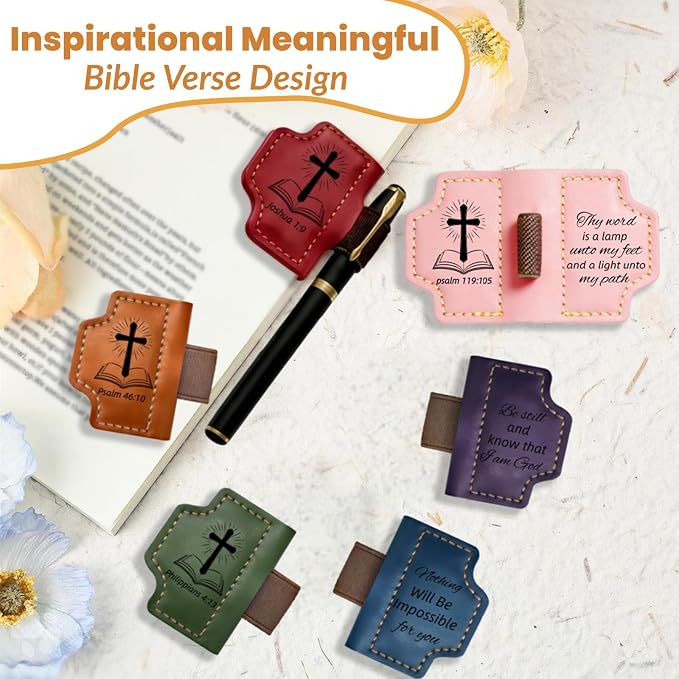 MOTEERLLU Bygone Mark Personalized Magnetic Leather Bookmark Pen Holder, Christian Gifts, Inspirational Bible Book Marks for Reading Women, Men, Teachers, Book Lover(Pink Romans 8:28)