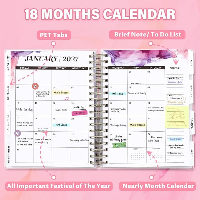 Planner 2026-2027, Large 18 Months Academic Daily Weekly Monthly Planner Yearly Agenda Jan. 2026–June. 2027, 7.9" x 9.8", Page Tabs, Separator Page, Pocket Folder, Bookmark, Stickers, Sticky Note Set