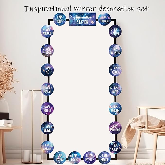 Outer Space Affirmation Station Bulletin Board Set Positive Bulletin Board for Classroom Growth Mindset Decoration Inspirational Motivational Accent Cutouts for Home School Teacher Wall Mirror Supply