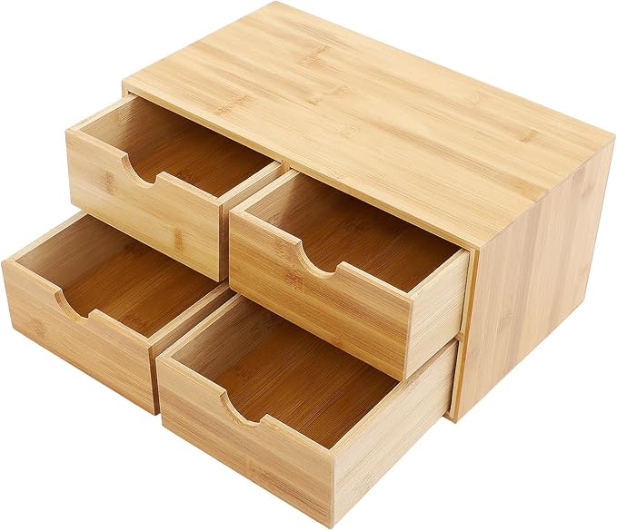 Desk Organizer, Office Vanity Bamboo Desk Organizer, Mini Bamboo Desk Drawer Tabletop Storage Box with 4 Drawer Night Stand Table Organizer for Makeup Vanity Office Supplies (4 Drawer)