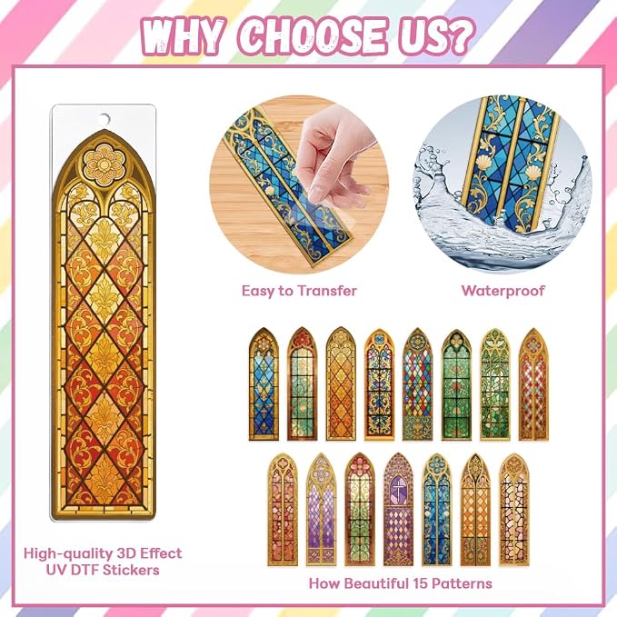 Peacoblue 30pcs UV DTF Bookmarks Transfer Stickers Wraps Baroque Church Stained Glass for Women Men Reading, Waterproof Bookmarkers Decal(No Blank Bookmarks) for Acrylic Plastic Metal Blank Bookmark