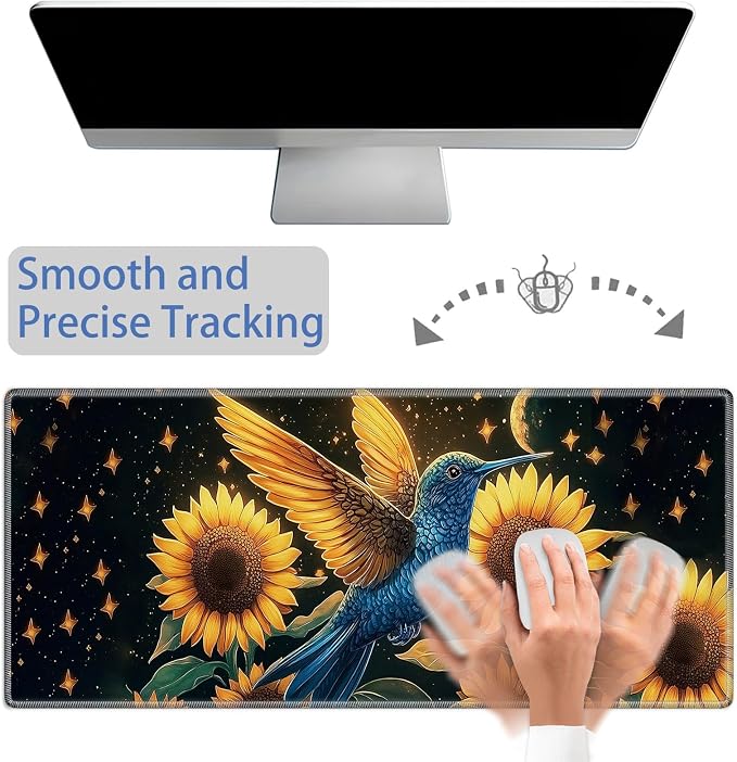 Mouse Pad Gaming Mousepad 31.5x11.8 Inch XXL Large + Coasters,Desk Mat with Stitched Edges, Non-Slip Rubber Base, Thick Mouse Pad for Computer, Laptop, Office & Home - Sunflower Hummingbird