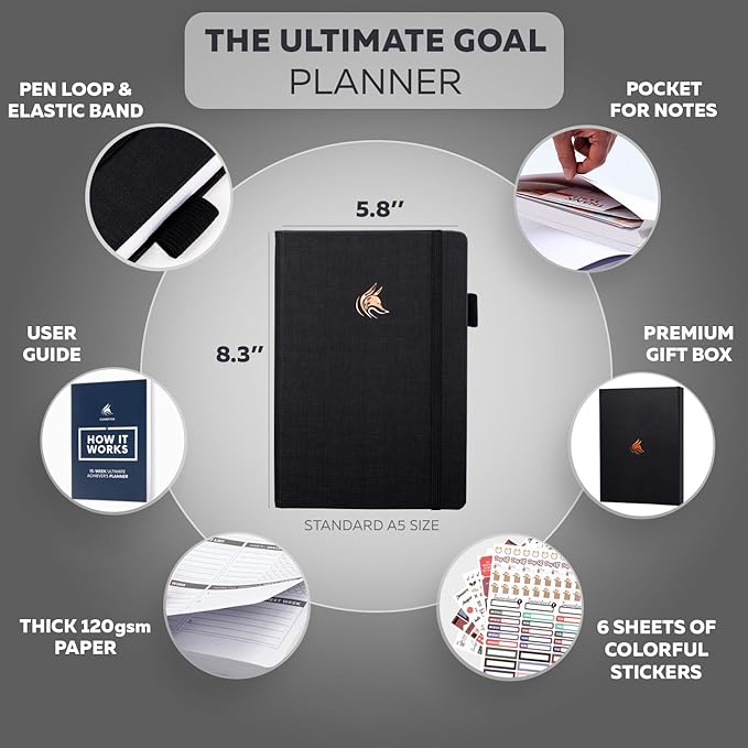 Clever Fox Ultimate Achiever’s Goal Planner - Focus & Productivity 90 Day Journal. Undated Daily Weekly Monthly Planner Organizer & Hourly Schedule Notebook - Hardcover, A5 Size, Onyx Black