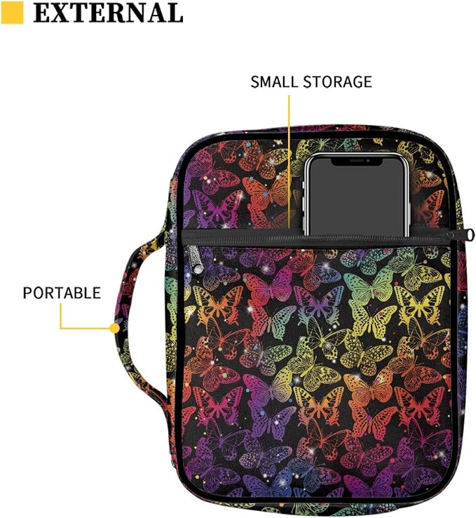 Coldinair Rainbow Glitter Butterflies Print Bible Cover Bag for Women Teens Kids Girls,Butterfly Carrying Book Case Church Bag Bible Protective with Handle and Zippered Pocket