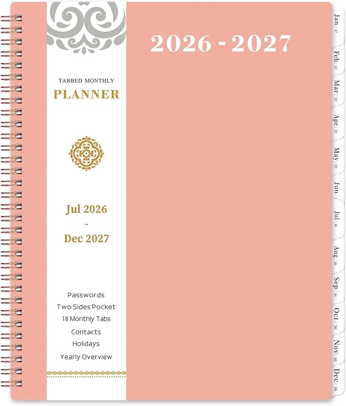 Monthly Planner 2026-2027 - 2026-2027 Planner, July 2026 - December 2027, 18 Monthly Planners/Calendar with Tabs, Pocket, Label, Contacts and Passwords, Twin-Wire Binding, 9" x 11", Waterproof Design, Pink