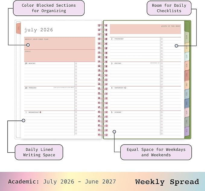 Blue Sky WAAV 2026-2027 Weekly and Monthly Academic Year Planner Calendar, July 2026 - June 2027, 5.875" x 8.625", Flexible Cover, Wirebound, Laminated Tabs, Storage Pocket, Includes 20 Extra Notes Pages, Michelle