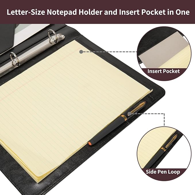 Vegan Leather 3 Ring Binder, 8.5 x 11 Letter Size Folio with Pen Holder, Soft Notebook Portfolio Cover, Slim Notepad Padfolio Thin File Organizer for Work Executive Meeting, Black