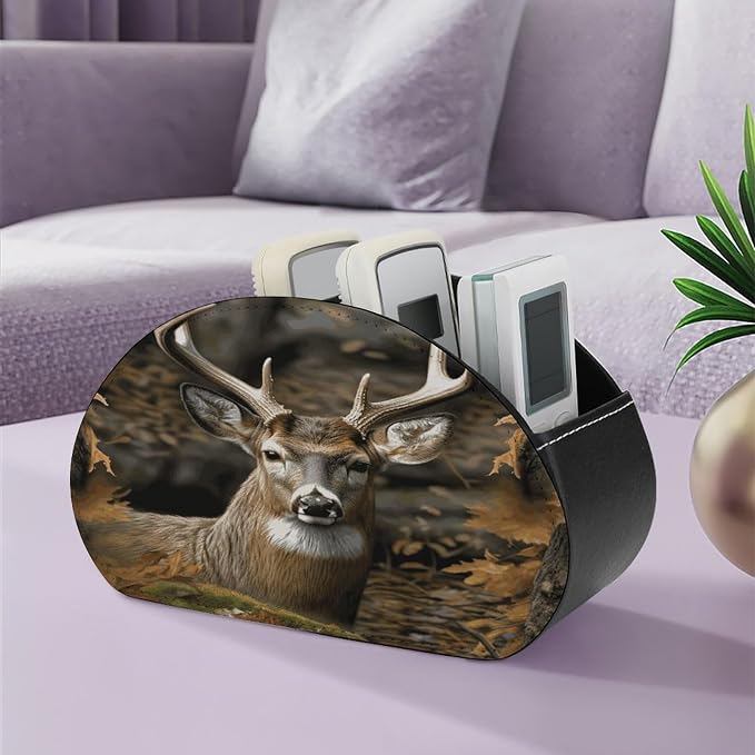 Leather Remote Control Holder with 5 Compartments Camouflage Deer Remote Caddy Desktop Organizer Store TV Remote Holder Remote Organizer for Bedside Table Office Desk