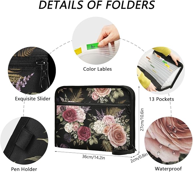 ALAZA Retro Rose Flower Expanding Filing Folder, 13 Pockets Expandable Document Organizer Folder with Zipper Closure for Home Office A4 Letter Size Paper Document