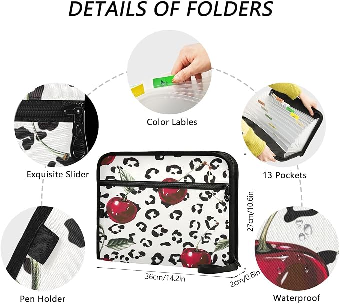 ALAZA Cherry Leopard Spots Expanding Filing Folder, 13 Pockets Expandable Document Organizer Folder with Zipper Closure for Home Office A4 Letter Size Paper Document