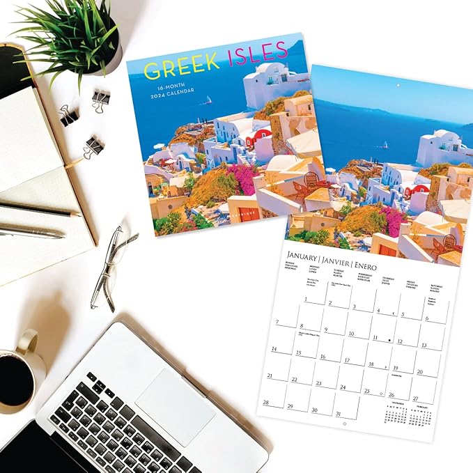 Graphique 2024 Greek Isles Wall Calendar | 12” x 12” | Thick Paper | Home & Office Organizer | Large Monthly Grid | 3 Languages & Marked Holidays | 4 Month Preview Page for 2025