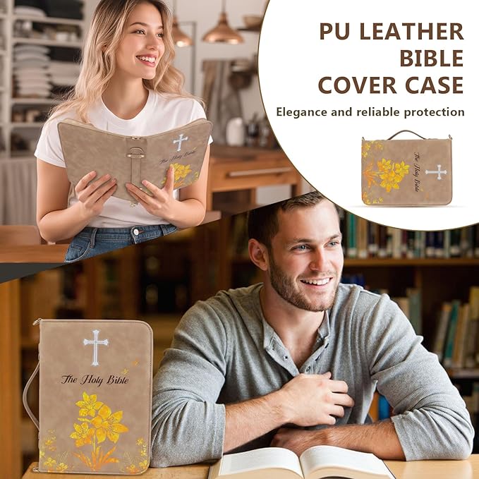 Bible Cover Case for Women & Men, JXAVO PU Leather Bible Covers, Large Bible Carrying Book Case with Handle & Shoulder Strap, Bible Cases with Zippered Pocket, Bibles Bag Accessories for Girls Boys