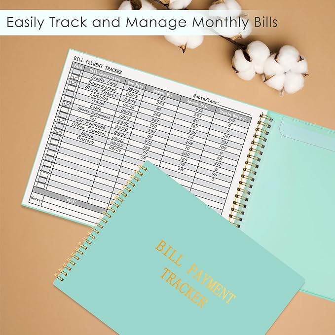 HAUTOCO Bill Tracker Notebook Monthly Bill Payment Tracker for Personal Budgeting Home Financial with 2 Storage Pocket, Payments Checklist Organizer Bill Planner 10.1 x 7.8'', Mint Green
