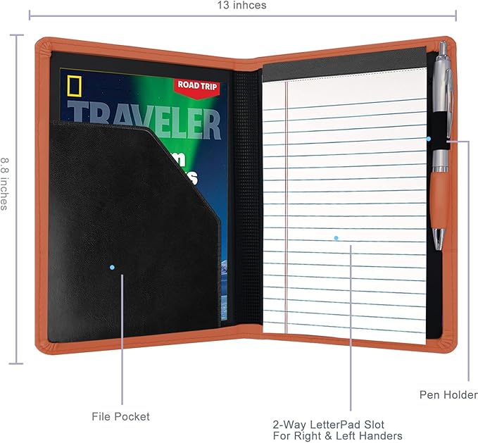 Classic Padfolio/Junior Portfolio Folder Case, Business A5 Binder Organizer Notepad for Men Women, 5 x 8 Writing Pad Included, Orange