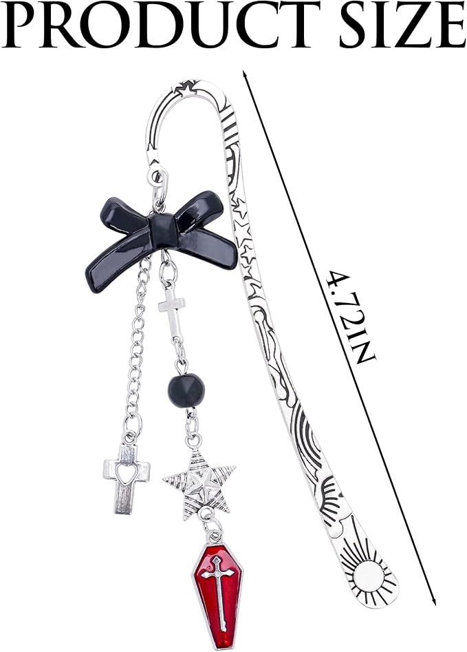 Charm Gothic Bookmark Gifts - Fantasy Unique Dark Aesthetic Silver Chain Tassel Metal Book Mark Black Bow Cross Star Personalized Bookmarks Reading Women Girls Readers Birthday Valentines