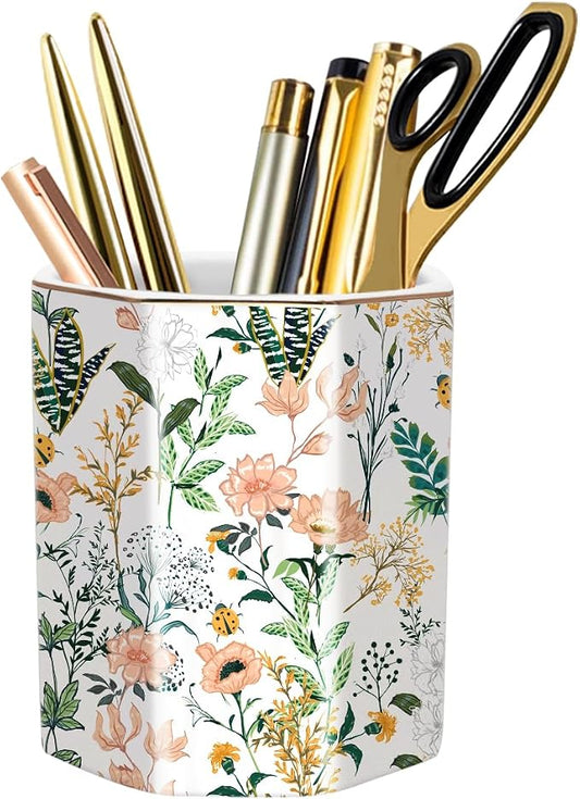Cute Ceramic Pen Holder for Desk, Pencil Cup Pot, Makeup Brush Holders, Desk Accessories & Workspace Organizers for Home, Office, White Flower